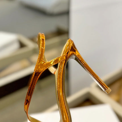 GIANVITO ROSSI 26S STRAPPY HIGH-HEEL SANDALS 105 MM IN METALLIC ORANGE GOLD PATENT CALFSKIN