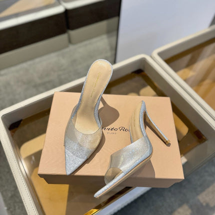 GIANVITO ROSSI 26S POINTED-TOE HIGH-HEEL SANDALS 105 MM IN SILVER GLITTER FABRIC