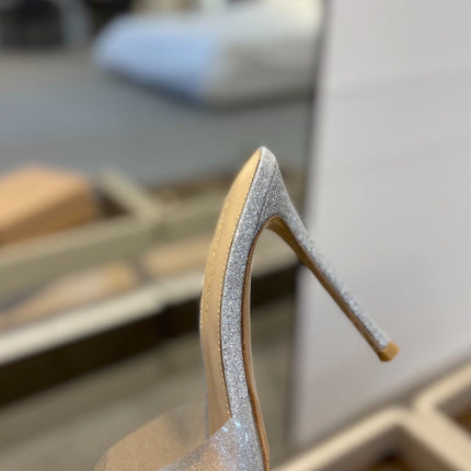 GIANVITO ROSSI 26S POINTED-TOE HIGH-HEEL SANDALS 105 MM IN SILVER GLITTER FABRIC
