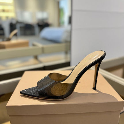 GIANVITO ROSSI 26S POINTED-TOE HIGH-HEEL SANDALS 105 MM IN BLACK GLITTER FABRIC
