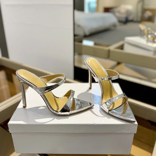 GIANVITO ROSSI 26S POINTED-TOE HEELED SANDALS 105 MM IN SILVER PATENT CALFSKIN