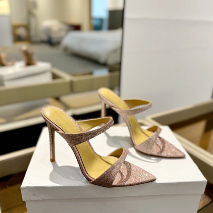 GIANVITO ROSSI 26S HEELED SANDALS 105 MM IN ROSE GOLD GLITTER