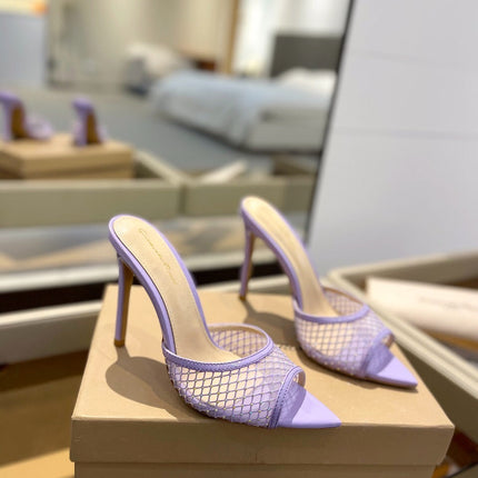 GIANVITO ROSSI 26S HEELED SANDALS 105 MM IN LIGHT PURPLE MESH FABRIC AND CALFSKIN