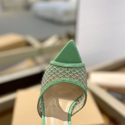 GIANVITO ROSSI 26S HEELED SANDALS 105 MM IN MINT GREEN MESH FABRIC AND CALFSKIN