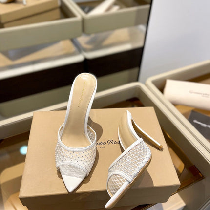 GIANVITO ROSSI 26S HEELED SANDALS 105 MM IN WHITE MESH FABRIC AND CALFSKIN