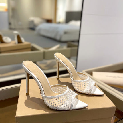 GIANVITO ROSSI 26S HEELED SANDALS 105 MM IN WHITE MESH FABRIC AND CALFSKIN