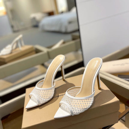 GIANVITO ROSSI 26S HEELED SANDALS 105 MM IN WHITE MESH FABRIC AND CALFSKIN