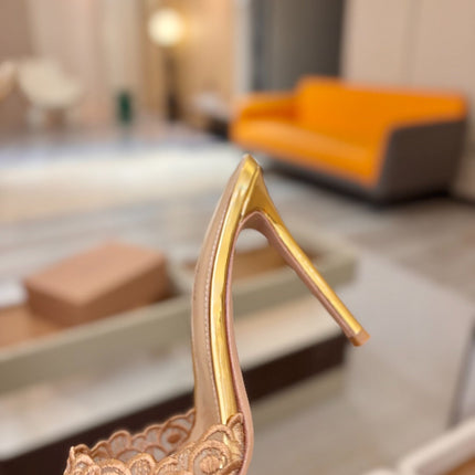GIANVITO ROSSI 26S HEELED SANDALS 105 MM IN GOLD LACE AND LAMBSKIN