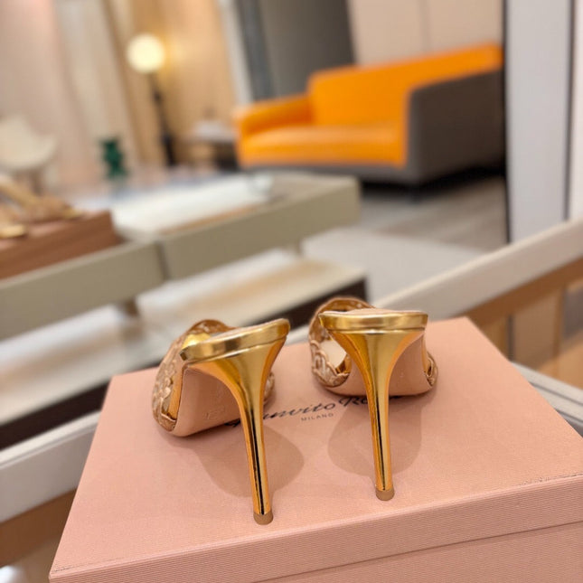 GIANVITO ROSSI 26S HEELED SANDALS 105 MM IN GOLD LACE AND LAMBSKIN