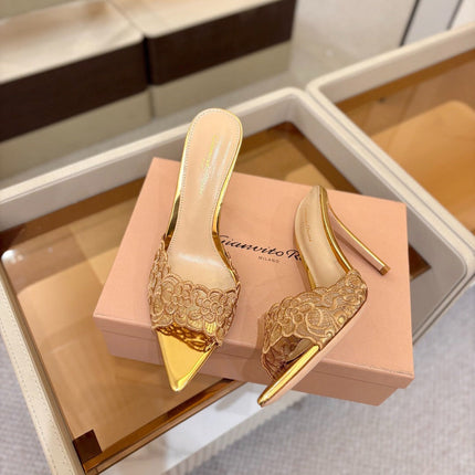 GIANVITO ROSSI 26S HEELED SANDALS 105 MM IN GOLD LACE AND LAMBSKIN
