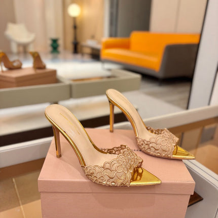 GIANVITO ROSSI 26S HEELED SANDALS 105 MM IN GOLD LACE AND LAMBSKIN