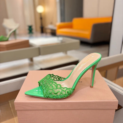 GIANVITO ROSSI 26S HEELED SANDALS 105 MM IN GREEN LACE AND LAMBSKIN