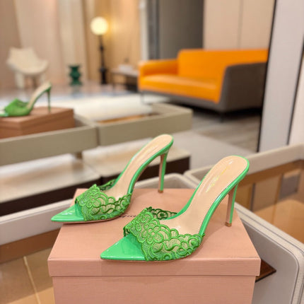 GIANVITO ROSSI 26S HEELED SANDALS 105 MM IN GREEN LACE AND LAMBSKIN
