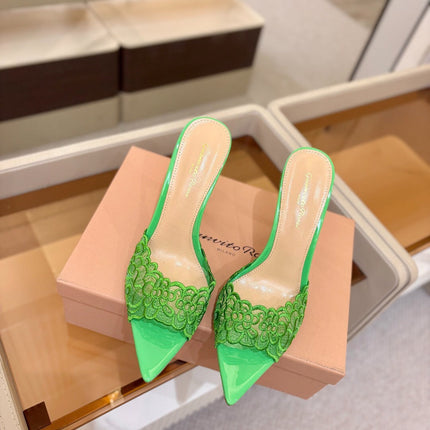 GIANVITO ROSSI 26S HEELED SANDALS 105 MM IN GREEN LACE AND LAMBSKIN