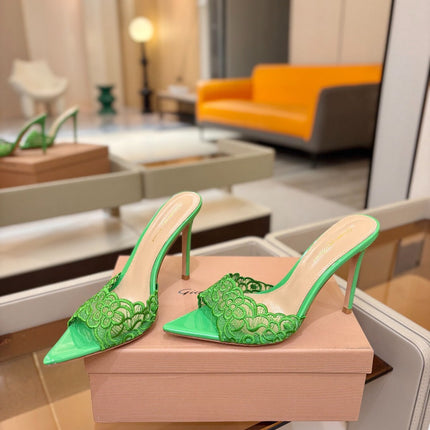 GIANVITO ROSSI 26S HEELED SANDALS 105 MM IN GREEN LACE AND LAMBSKIN