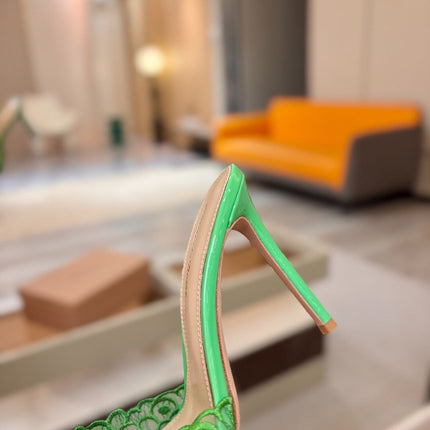 GIANVITO ROSSI 26S HEELED SANDALS 105 MM IN GREEN LACE AND LAMBSKIN