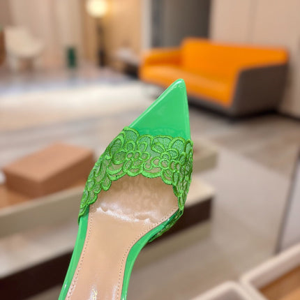 GIANVITO ROSSI 26S HEELED SANDALS 105 MM IN GREEN LACE AND LAMBSKIN