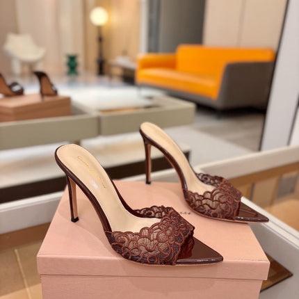 GIANVITO ROSSI 26S HEELED SANDALS 105 MM IN DARK BROWN LACE AND LAMBSKIN