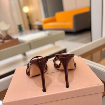 GIANVITO ROSSI 26S HEELED SANDALS 105 MM IN DARK BROWN LACE AND LAMBSKIN