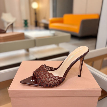 GIANVITO ROSSI 26S HEELED SANDALS 105 MM IN DARK BROWN LACE AND LAMBSKIN