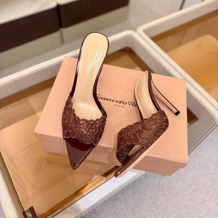 GIANVITO ROSSI 26S HEELED SANDALS 105 MM IN DARK BROWN LACE AND LAMBSKIN