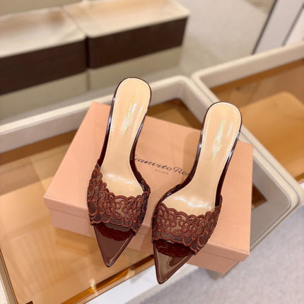 GIANVITO ROSSI 26S HEELED SANDALS 105 MM IN DARK BROWN LACE AND LAMBSKIN