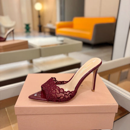 GIANVITO ROSSI 26S HEELED SANDALS 105 MM IN DARK RED LACE AND LAMBSKIN