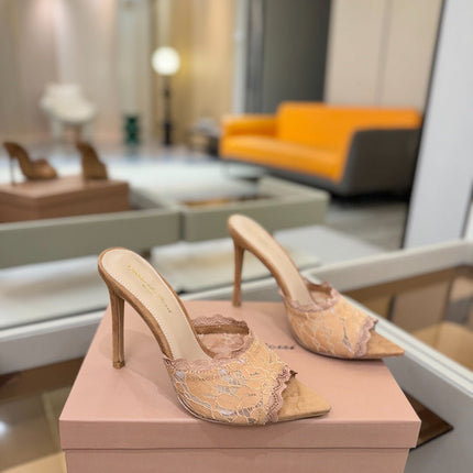 GIANVITO ROSSI 26S HEELED SANDALS 105 MM IN CARAMEL BROWN SUEDE AND LACE