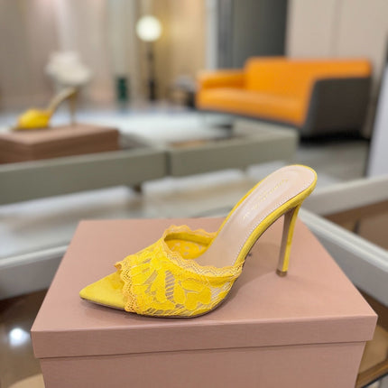 GIANVITO ROSSI 26S HEELED SANDALS 105 MM IN DARK YELLOW SUEDE AND LACE
