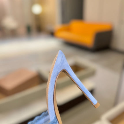 GIANVITO ROSSI 26S HEELED SANDALS 105 MM IN LIGHT BLUE SUEDE AND LACE