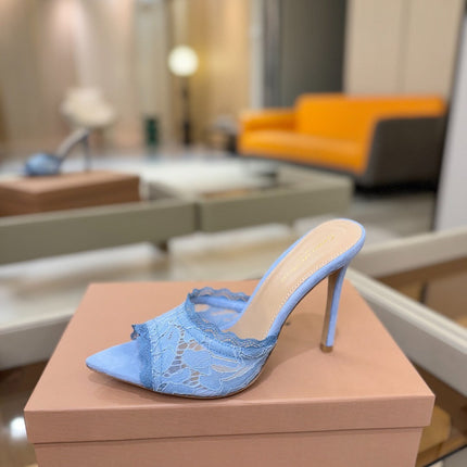 GIANVITO ROSSI 26S HEELED SANDALS 105 MM IN LIGHT BLUE SUEDE AND LACE