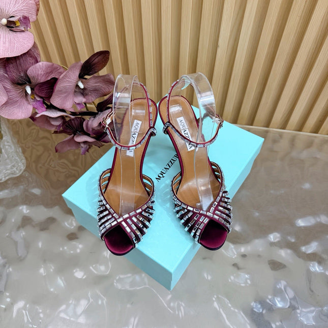 AQUAZZURA 26S CRYSTAL SANDALS 85 MM IN DARK RED SATIN