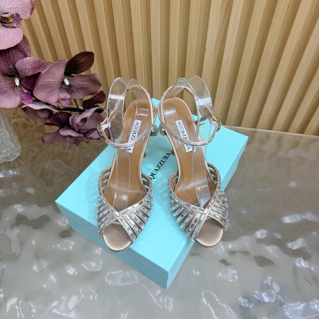 AQUAZZURA 26S CRYSTAL SANDALS 85 MM IN BEIGE SATIN