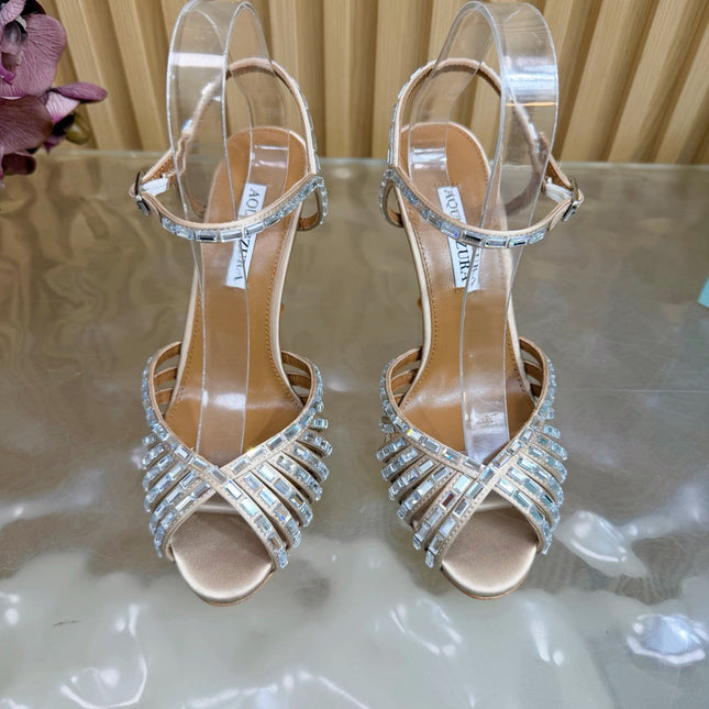 AQUAZZURA 26S CRYSTAL SANDALS 85 MM IN BEIGE SATIN