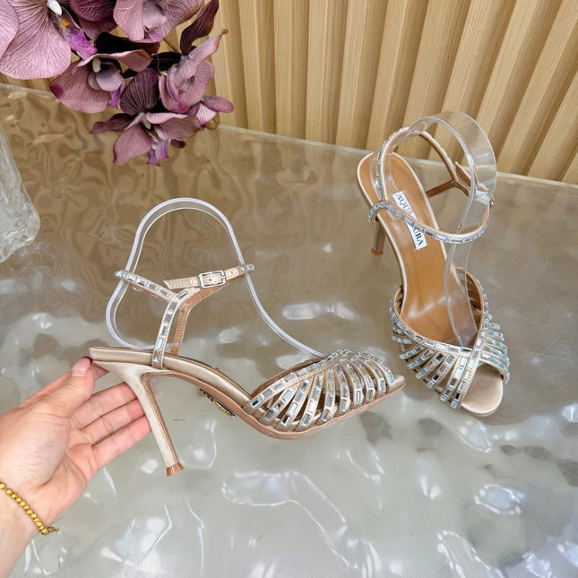 AQUAZZURA 26S CRYSTAL SANDALS 85 MM IN BEIGE SATIN