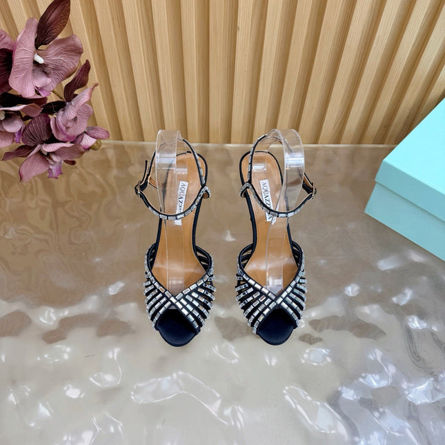 AQUAZZURA 26S CRYSTAL SANDALS 85 MM IN BLACK SATIN