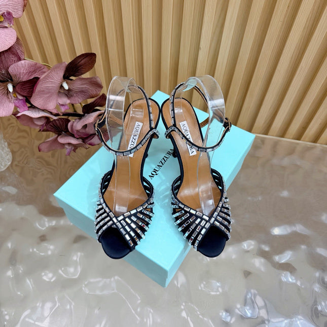 AQUAZZURA 26S CRYSTAL SANDALS 85 MM IN BLACK SATIN