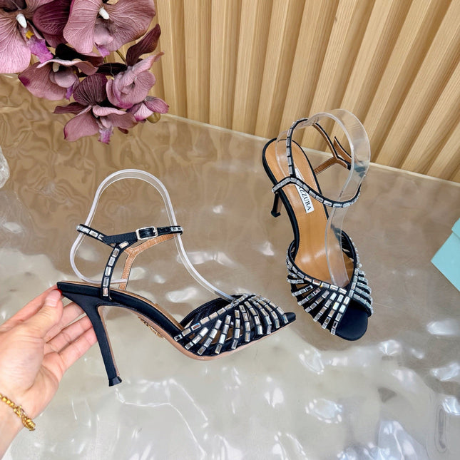 AQUAZZURA 26S CRYSTAL SANDALS 85 MM IN BLACK SATIN