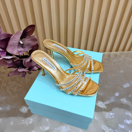 AQUAZZURA 26S CRYSTAL HIGH-HEEL SLIDES 85 MM IN GOLD CALFSKIN