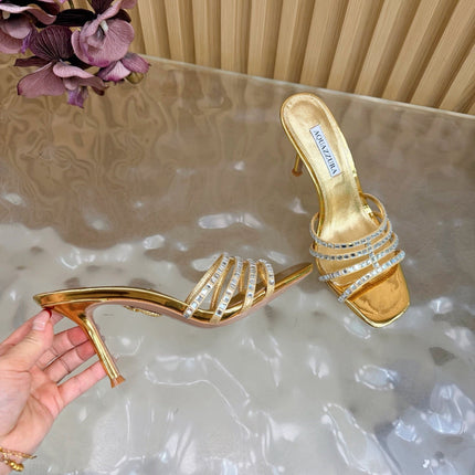 AQUAZZURA 26S CRYSTAL HIGH-HEEL SLIDES 85 MM IN GOLD CALFSKIN