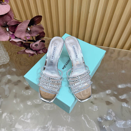 AQUAZZURA 26S CRYSTAL HIGH-HEEL SLIDES 85 MM IN SILVER CALFSKIN