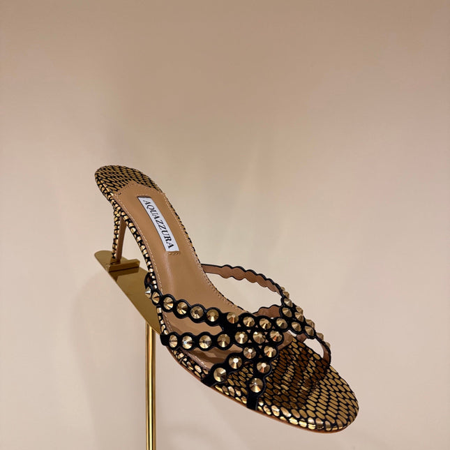 AQUAZZURA 26S HIGH-HEEL SANDALS 70 MM IN BLACK AND GOLD CALFSKIN