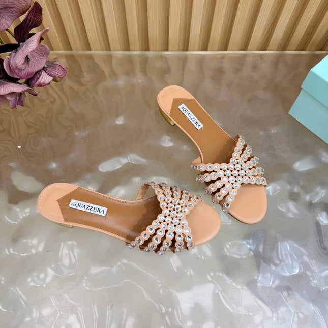 AQUAZZURA 26S SLIDES IN NUDE CALFSKIN CRYSTAL-EMBELLISHED STRAPS