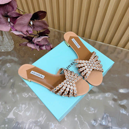 AQUAZZURA 26S SLIDES IN NUDE CALFSKIN CRYSTAL-EMBELLISHED STRAPS
