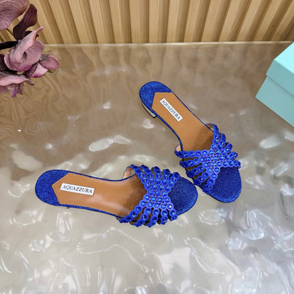 AQUAZZURA 26S SLIDES IN NAVY BLUE LUREX FABRIC