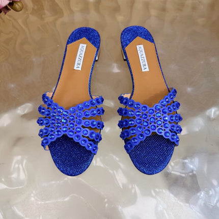 AQUAZZURA 26S SLIDES IN NAVY BLUE LUREX FABRIC