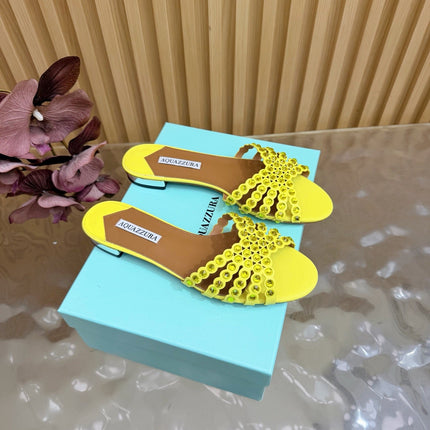 AQUAZZURA 26S SLIDES IN YELLOW CALFSKIN CRYSTAL-EMBELLISHED STRAPS