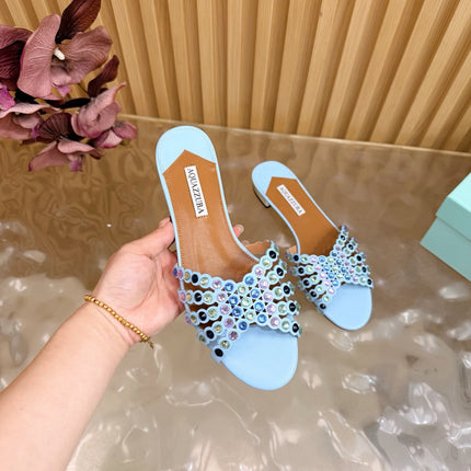 AQUAZZURA 26S SLIDES IN SKY BLUE CALFSKIN CRYSTAL-EMBELLISHED STRAPS