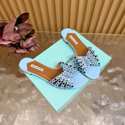 AQUAZZURA 26S SLIDES IN SKY BLUE CALFSKIN CRYSTAL-EMBELLISHED STRAPS