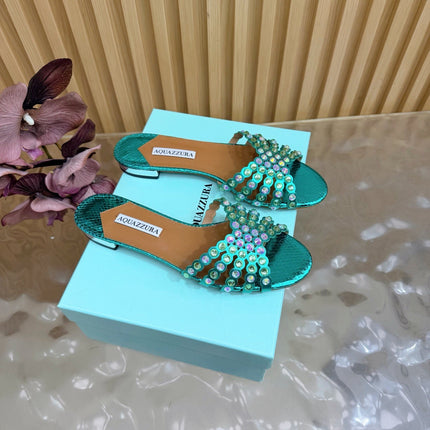 AQUAZZURA 26S SLIDES IN EMERALD GREEN SNAKESKIN EMBOSSED LEATHER